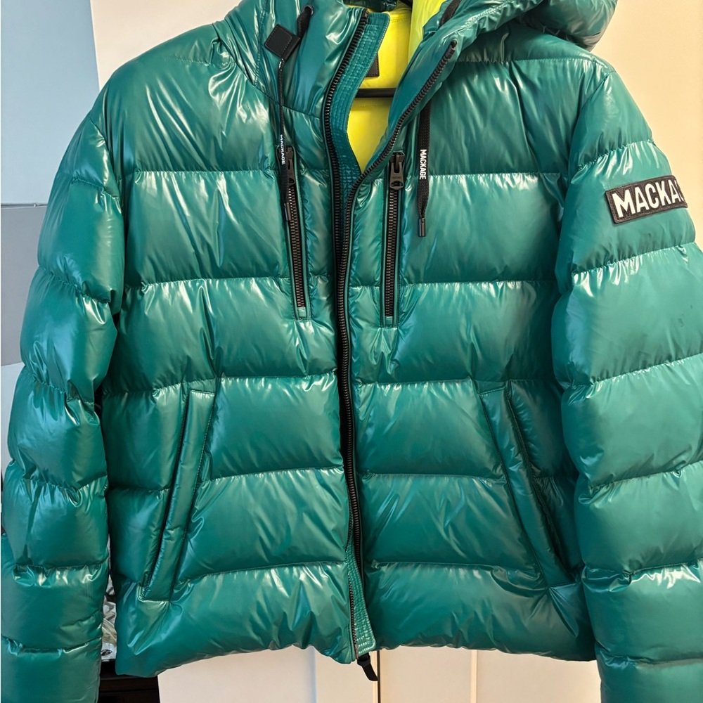 Mackage Teal Shiny Quilted Puffer with Neon Yellow Lining